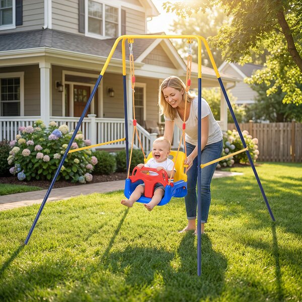 Altalena 3in1 per Bambini Esterni e Interni con Seggiolino e Cinture Resistente Giallo e Blu
