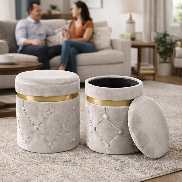 Pouf Contenitore Ø37x40 cm Sgabello Poggiapiedi in Velluto Avorio