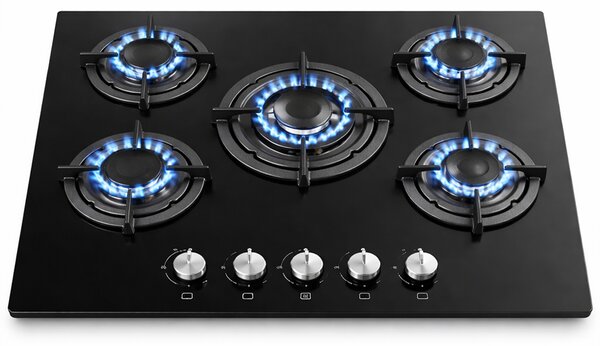 Piano Cottura 5 Fuochi Ghisa Bruciatore a Incasso in Vetroceramica Nero
