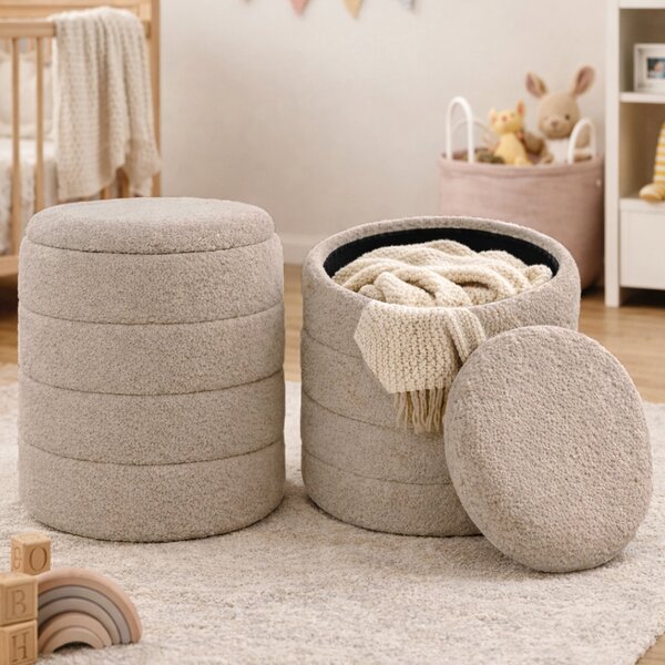 Set 2 Pouf Contenitori 43x45 cm e 35x40 cm Seduta Imbottita Rivestimento Bounclè Beige