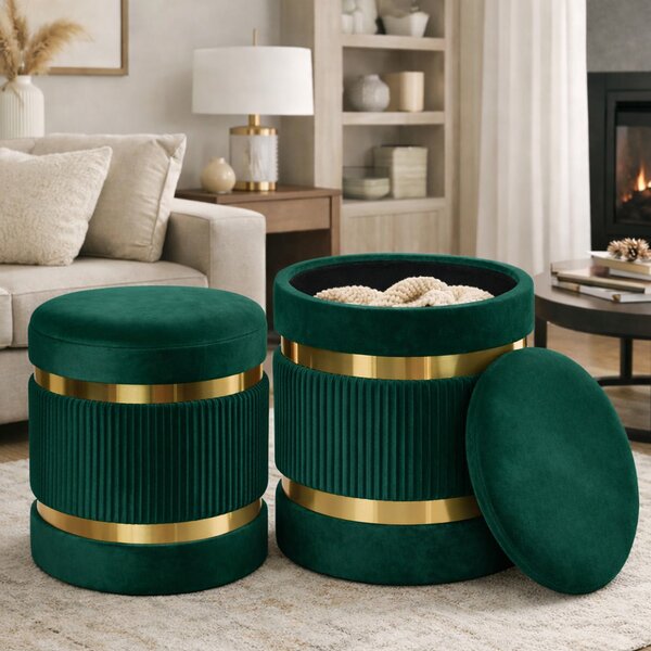 Set 2 Pouf Contenitore Ø 38x44 cm e Ø 31x38 cm con Rivestimento Velluto Verde