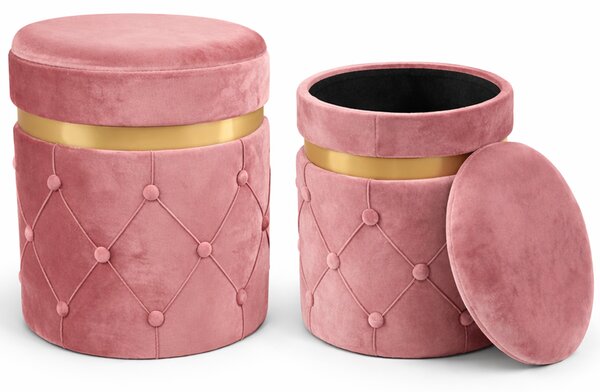 Set 2 Pouf Contenitori 38x44 cm e 31x38 cm con Design Trapuntato in Velluto Rosa