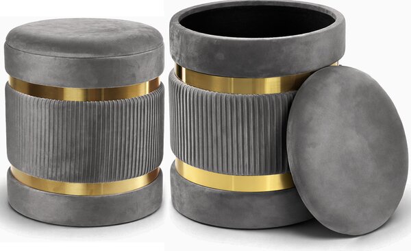 Set 2 Pouf Contenitore Ø 38x44 cm e Ø 31x38 cm con Rivestimento Velluto Grigio
