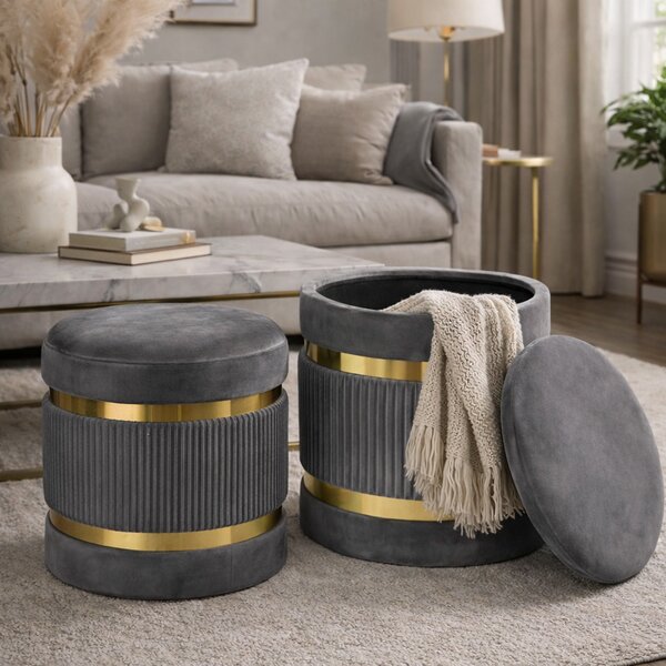 Set 2 Pouf Contenitore Ø 38x44 cm e Ø 31x38 cm con Rivestimento Velluto Grigio