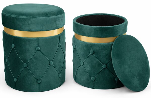 Set 2 Pouf Contenitori 38x44 cm e 31x38 cm con Design Trapuntato in Velluto Verde