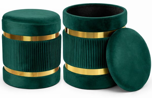 Set 2 Pouf Contenitore Ø 38x44 cm e Ø 31x38 cm con Rivestimento Velluto Verde