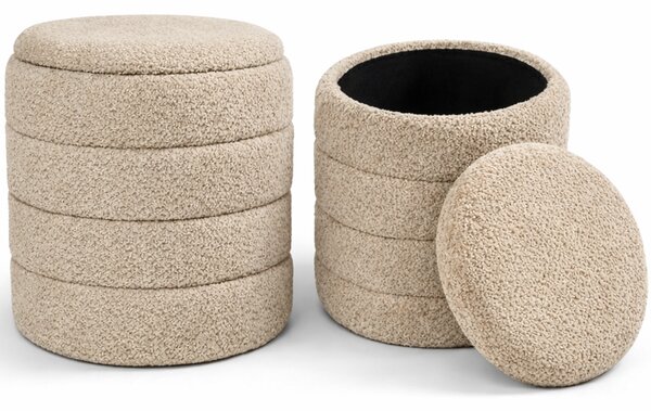 Set 2 Pouf Contenitori 43x45 cm e 35x40 cm Seduta Imbottita Rivestimento Bounclè Beige