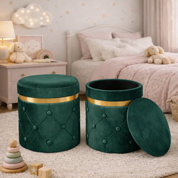 Set 2 Pouf Contenitori 38x44 cm e 31x38 cm con Design Trapuntato in Velluto Verde