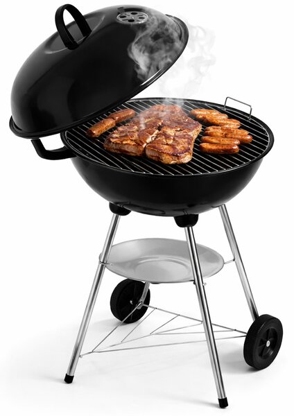 Barbecue Carbone Rotondo Ø44 cm con Ruote e Vassoio Griglia in Acciaio Nero e Argento