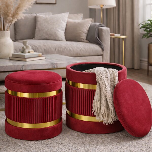 Set 2 Pouf Contenitore Ø 38x44 cm e Ø 31x38 cm con Rivestimento Velluto Bordeaux