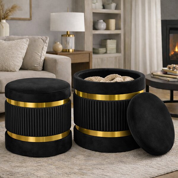 Set 2 Pouf Contenitore Ø 38x44 cm e Ø 31x38 cm con Rivestimento Velluto Nero
