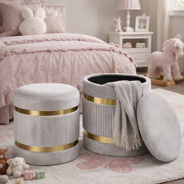 Set 2 Pouf Contenitore Ø 38x44 cm e Ø 31x38 cm con Rivestimento Velluto Avorio