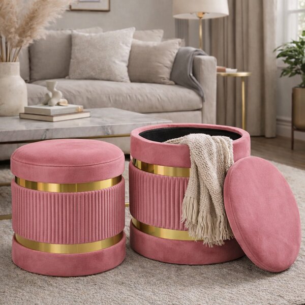 Set 2 Pouf Contenitore Ø 38x44 cm e Ø 31x38 cm con Rivestimento Velluto Rosa
