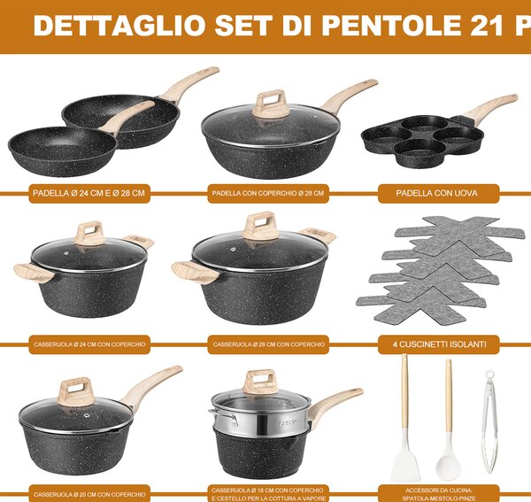 Batteria Pentole e Padelle 21 Pezzi in Alluminio Pressofuso Antiaderente Nero