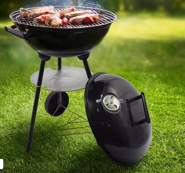 Barbecue Carbone Rotondo Ø44 cm con Ruote e Vassoio Griglia in Acciaio Nero e Argento