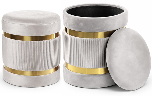 Set 2 Pouf Contenitore Ø 38x44 cm e Ø 31x38 cm con Rivestimento Velluto Avorio
