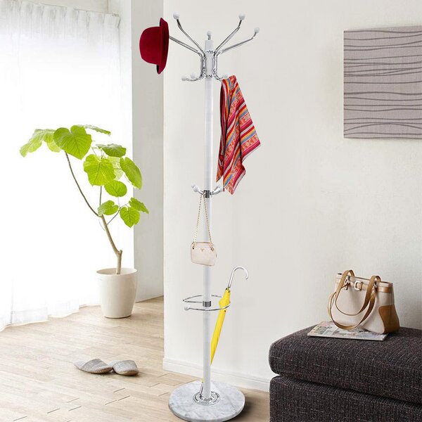 Attaccapanni Appendiabiti a Piantana 37x37x176 cm 16 Ganci con Portaombrelli in Metallo Bianco