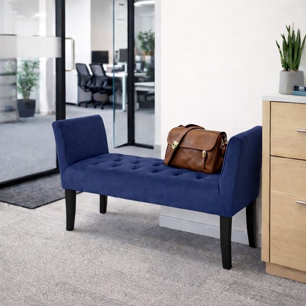 Panca Fondoletto Ingresso 111x40x60 cm con Piedi in Legno e Rivestimento Velluto Blu