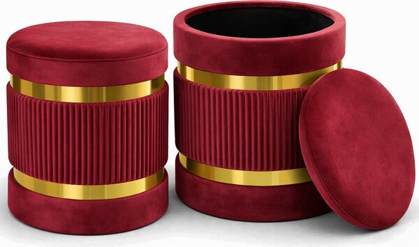 Set 2 Pouf Contenitore Ø 38x44 cm e Ø 31x38 cm con Rivestimento Velluto Bordeaux