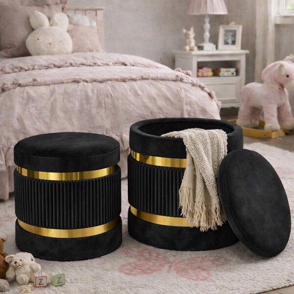 Set 2 Pouf Contenitore Ø 38x44 cm e Ø 31x38 cm con Rivestimento Velluto Nero