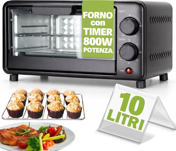 Forno Elettrico Capacità 10 Litri Potenza 800W Temperatura Regolabile e Timer Nero