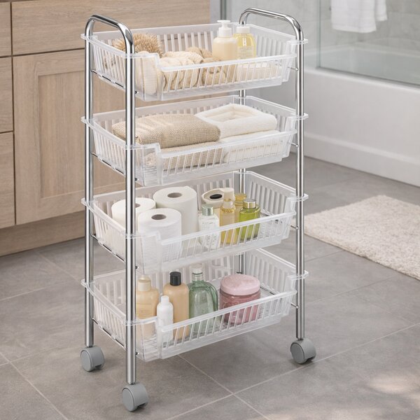 Carrello Portafrutta 28x46x90 cm con 4 Cestelli Cestino in Plastica e Struttura in Metallo Cromato