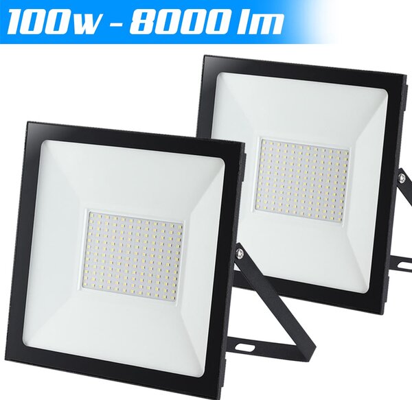 Set 2 Fari Led 25x28,5x18 cm Potenza 100W Luce Bianca Alta Luminosità 8000 lm in Alluminio e Vetro Nero