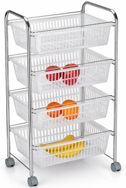 Carrello Portafrutta 47x32x87cm con 4 Cestelli in Plastica e Struttura Metallo Cromato