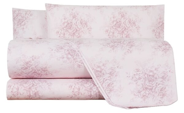 Completo Lenzuola In Percalle Dafne Matrimoniale - 250X290 175X205 + 2 Federe 50X80 Bellora Floreale Rosa Caleffi