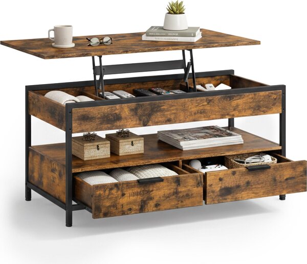 Tavolino Relaxdays, ribaltabile, 2 cassetti, 4 scomparti, L x P x A 48–63 x 100 x 50 cm, tavolino da salotto in stile industriale, marrone/nero
