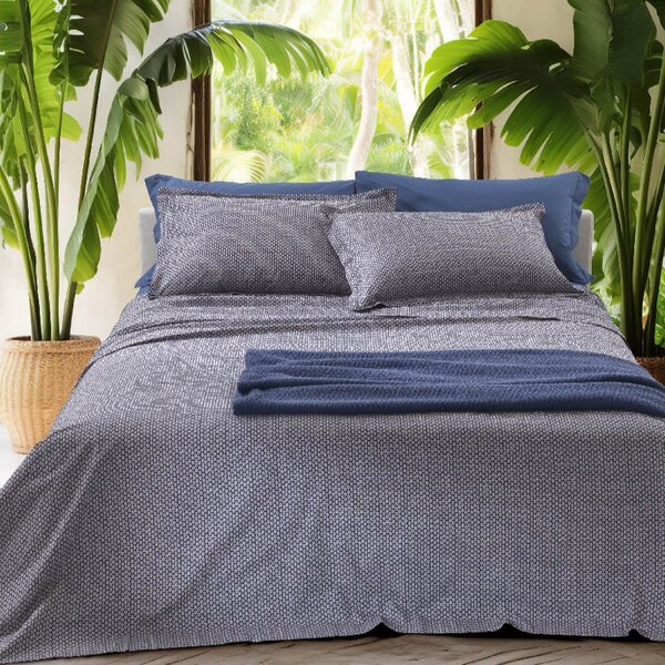Completo Lenzuola In Percalle Paisley Matrimoniale - 250X290 175X205 + 2 Federe 50X80 Mirabello Winter Cottage Blu Caleffi