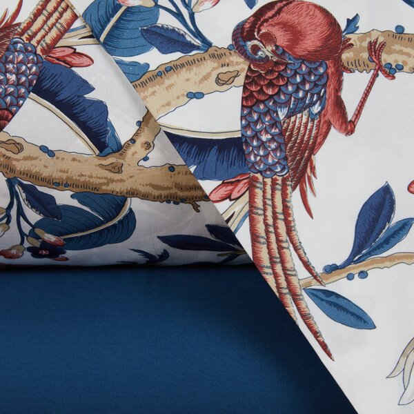 Completo Lenzuola In Percalle Paradise's Bird Matrimoniale - 250X290 175X205 + 2 Federe 50X80 Mirabello Moderno Blu Caleffi