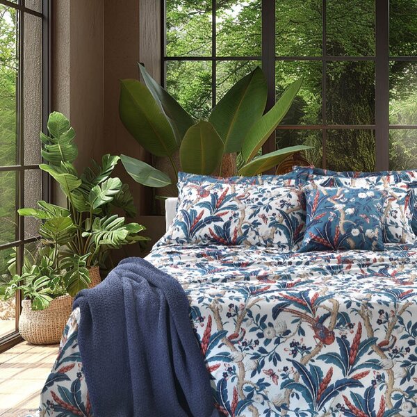 Completo Lenzuola In Percalle Paradise's Bird Matrimoniale - 250X290 175X205 + 2 Federe 50X80 Mirabello Moderno Blu Caleffi