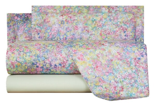 Completo Lenzuola In Percalle Magic Matrimoniale - 250X290 175X205 + 2 Federe 50X80 Mirabello Floreale Glicine Caleffi