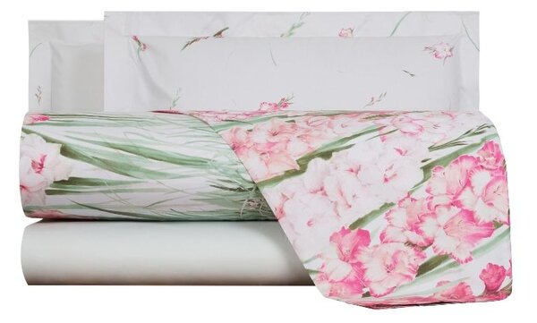 Completo Lenzuola In Percalle Gladioli Matrimoniale - 250X290 175X205 + 2 Federe 50X80 Mirabello Floreale Rosa Caleffi