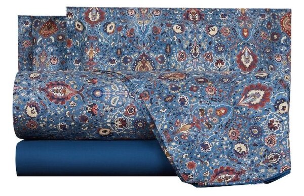 Completo Lenzuola In Percalle Decor Paisley Matrimoniale - 250X290 175X205 + 2 Federe 50X80 Mirabello Winter Cottage Blu Caleffi