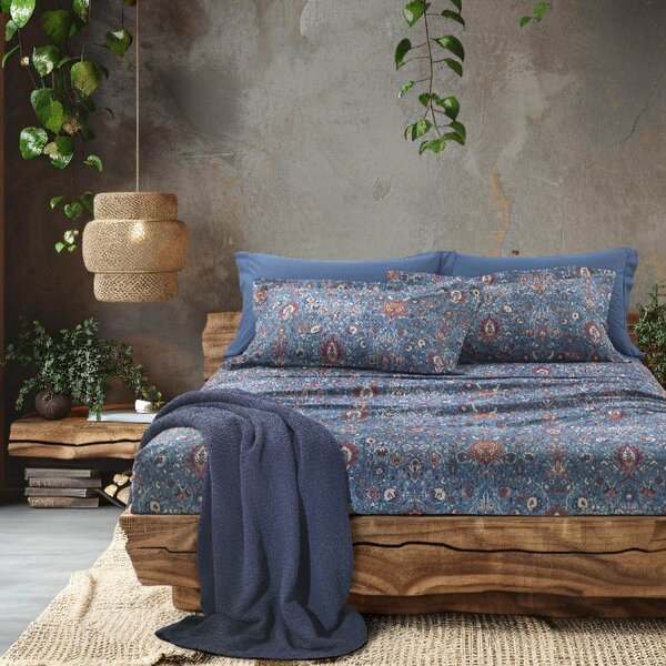 Completo Lenzuola In Percalle Decor Paisley Matrimoniale - 250X290 175X205 + 2 Federe 50X80 Mirabello Winter Cottage Blu Caleffi