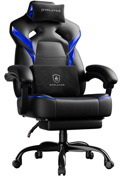 GTPLAYER Sedia da gaming, poltrona da gaming, sedia da gaming con poggiapiedi, cuscino lombare, poggiatesta, regolabile in altezza, braccioli regolabili con poggiapiedi, blu