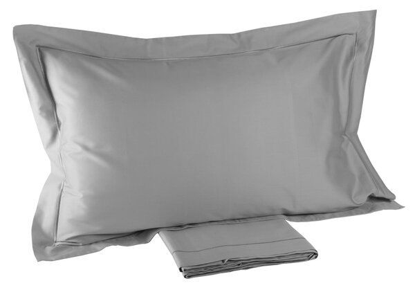 Completo Lenzuola In Raso Di Cotone Precious Sateen Matrimoniale - 250X290 175X205 + 2 Federe 50X80 Mirabello Brera Tinta Unita Grigio Caleffi