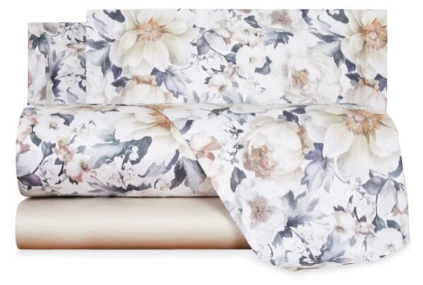 Completo Lenzuola In Raso Di Cotone Le Grand Fleur Matrimoniale - 250X290 175X205 + 2 Federe 50X80 Mirabello Floreale Tortora Caleffi
