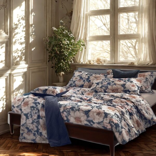 Completo Lenzuola In Raso Di Cotone Le Grand Fleur Matrimoniale - 250X290 175X205 + 2 Federe 50X80 Mirabello Floreale Tortora Caleffi