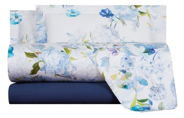 Completo Lenzuola In Raso Di Cotone Fresh Bouquet Matrimoniale - 250X290 175X205 + 2 Federe 50X80 Mirabello Floreale Blu Caleffi