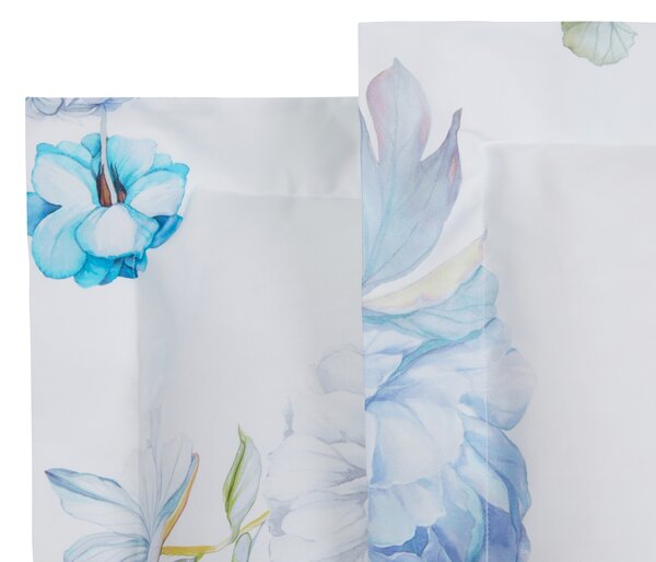 Completo Lenzuola In Raso Di Cotone Fresh Bouquet Matrimoniale - 250X290 175X205 + 2 Federe 50X80 Mirabello Floreale Blu Caleffi