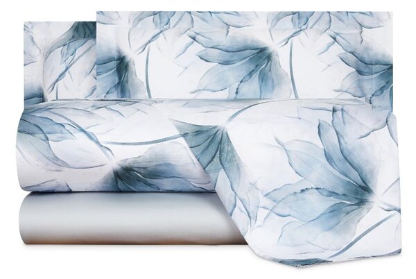 Completo Lenzuola MATRIMONIALE - 250X290 175X205 2 FEDERE 50X80 Abstract Flower BLU Raso Di Cotone Caleffi