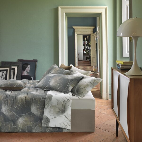 Completo Copripiumino In Raso Di Cotone Abstract Flower Matrimoniale - 255X255 175X205 + 2 Federe 50X80 Mirabello Floreale Tortora Caleffi