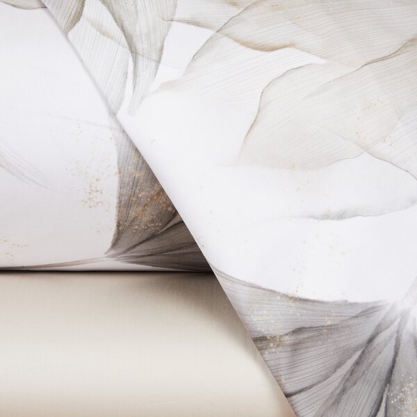Completo Lenzuola In Raso Di Cotone Abstract Flower Matrimoniale - 250X290 175X205 + 2 Federe 50X80 Mirabello Floreale Tortora Caleffi