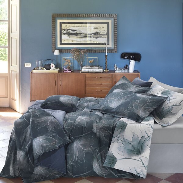 Completo Lenzuola MATRIMONIALE - 250X290 175X205 2 FEDERE 50X80 Abstract Flower BLU Raso Di Cotone Caleffi