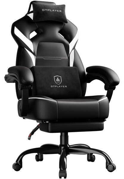 GTPLAYER Sedia da gaming, poltrona da gaming, sedia da gaming con poggiapiedi, cuscino lombare, poggiatesta, regolabile in altezza, braccioli regolabili con poggiapiedi, bianca