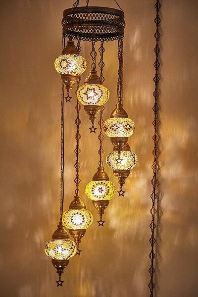 Lampada a sospensione turca Mozaik in stile marocchino, lampadario realizzato a mano con 7 sfere di vetro colorate, altezza 155 cm