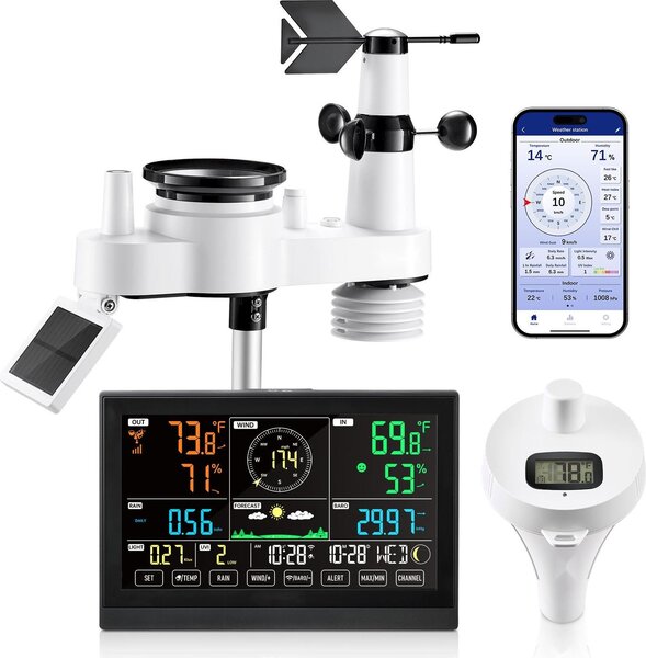 Stazione meteo wireless e WLAN - set 7 in 1 - connessione app - sensore solare da esterno - pluviometro - anemometro - termometro da piscina - previsioni meteo